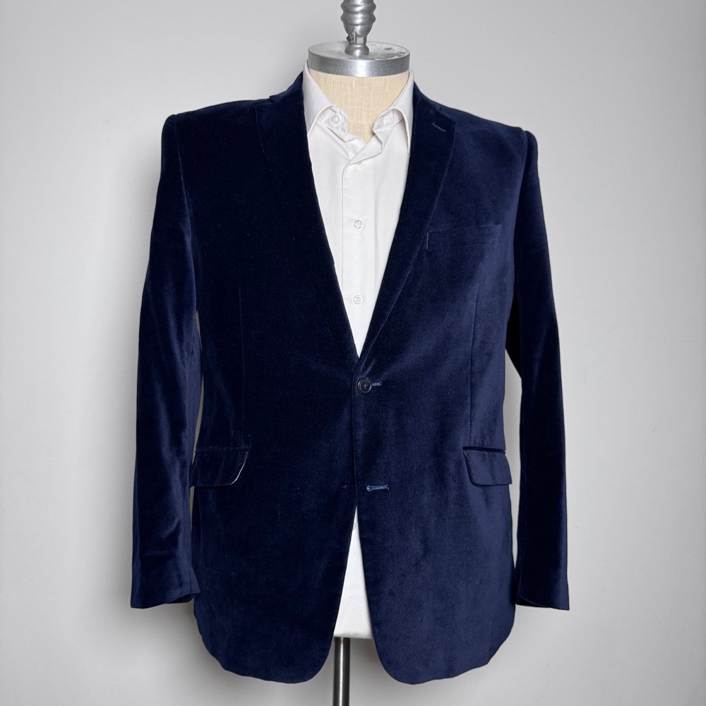 Madison Blazer Mens 46R Navy Blue Solid Velvet Modern Fit Two Button Sport Coat